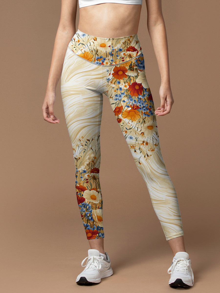 Vibrant wildflowers on creamy swirl leggings