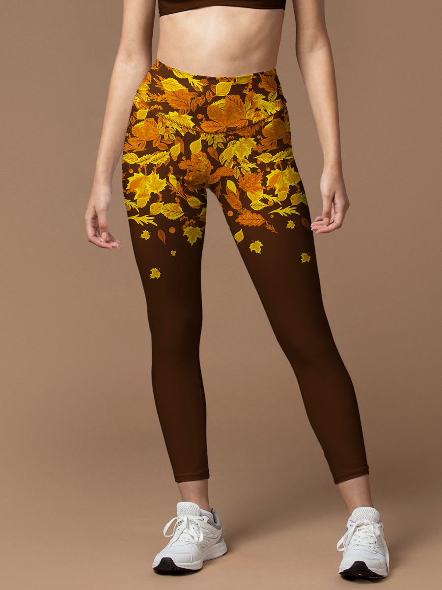 Botanical autumn falling maple leaves brown leggings