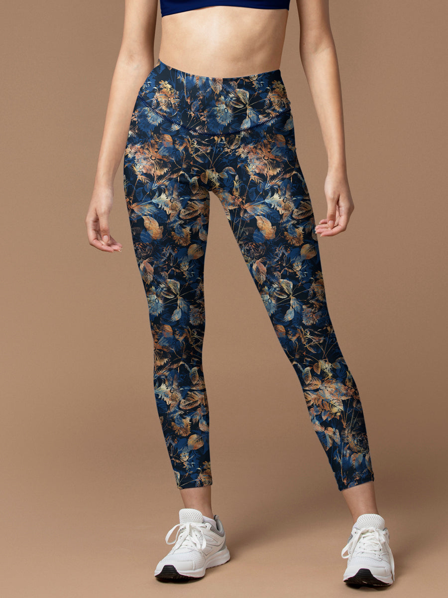 Botanical golden withered leaves decorative blue leggings
