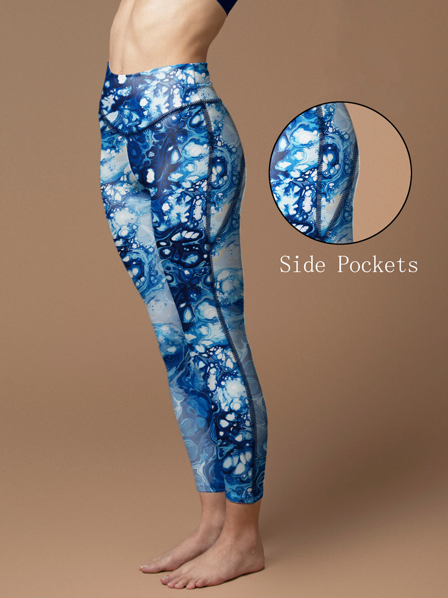 Abstract mixing blue tie dye water ripple leggings