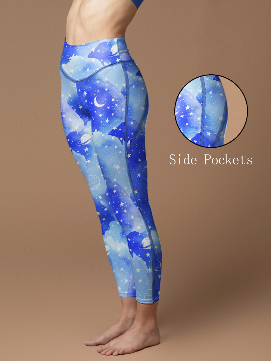 Watercolor galaxy print blue leggings