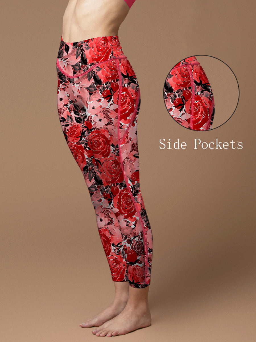 Flower red watercolor peony leggings