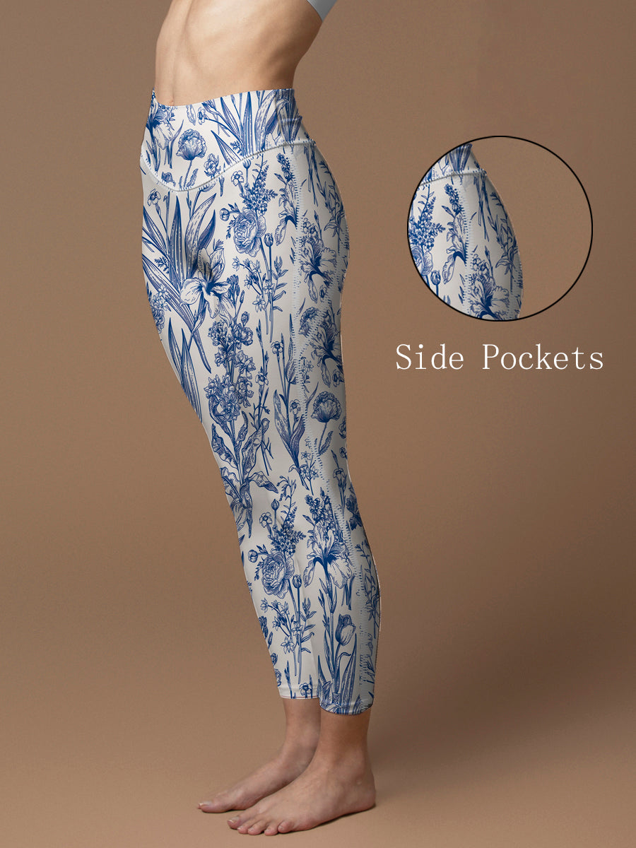 Flower blue lily of the valley rose tulip leaves print leggings