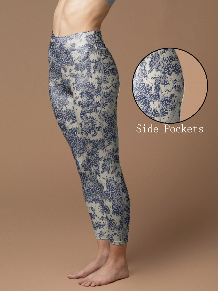 Blue and white retro flower pattern leggings