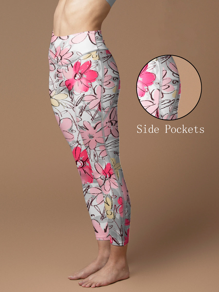 Hand painted colorful liberty style small mauve flowers leggings