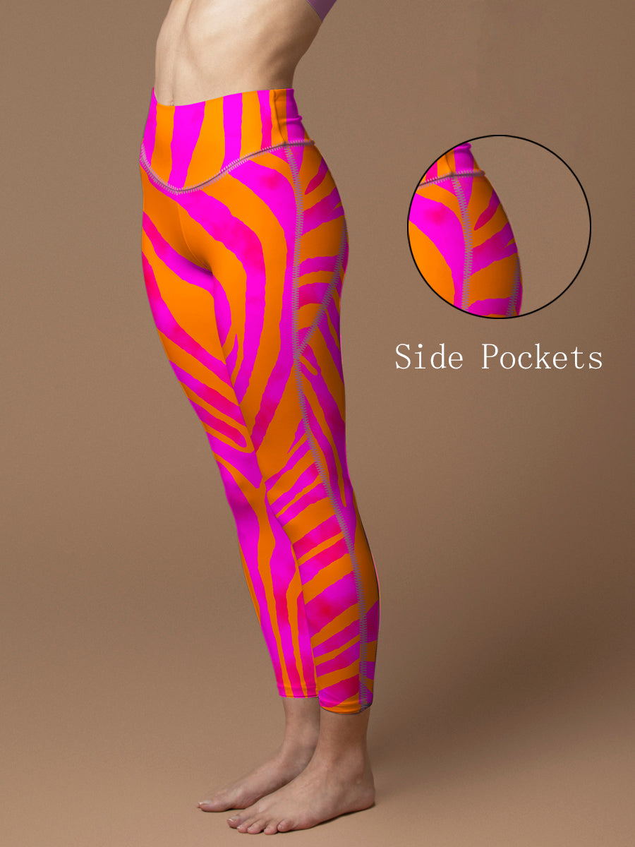 Orange and pink color block leggings