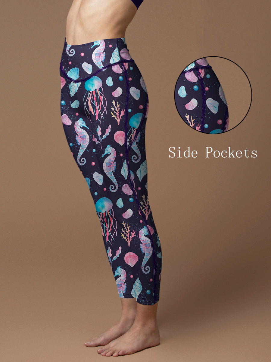 Ocean seahorse jellyfish conch dark leggings