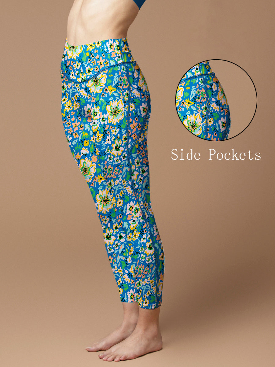 Flower big and small wildflower blue yoga leggings