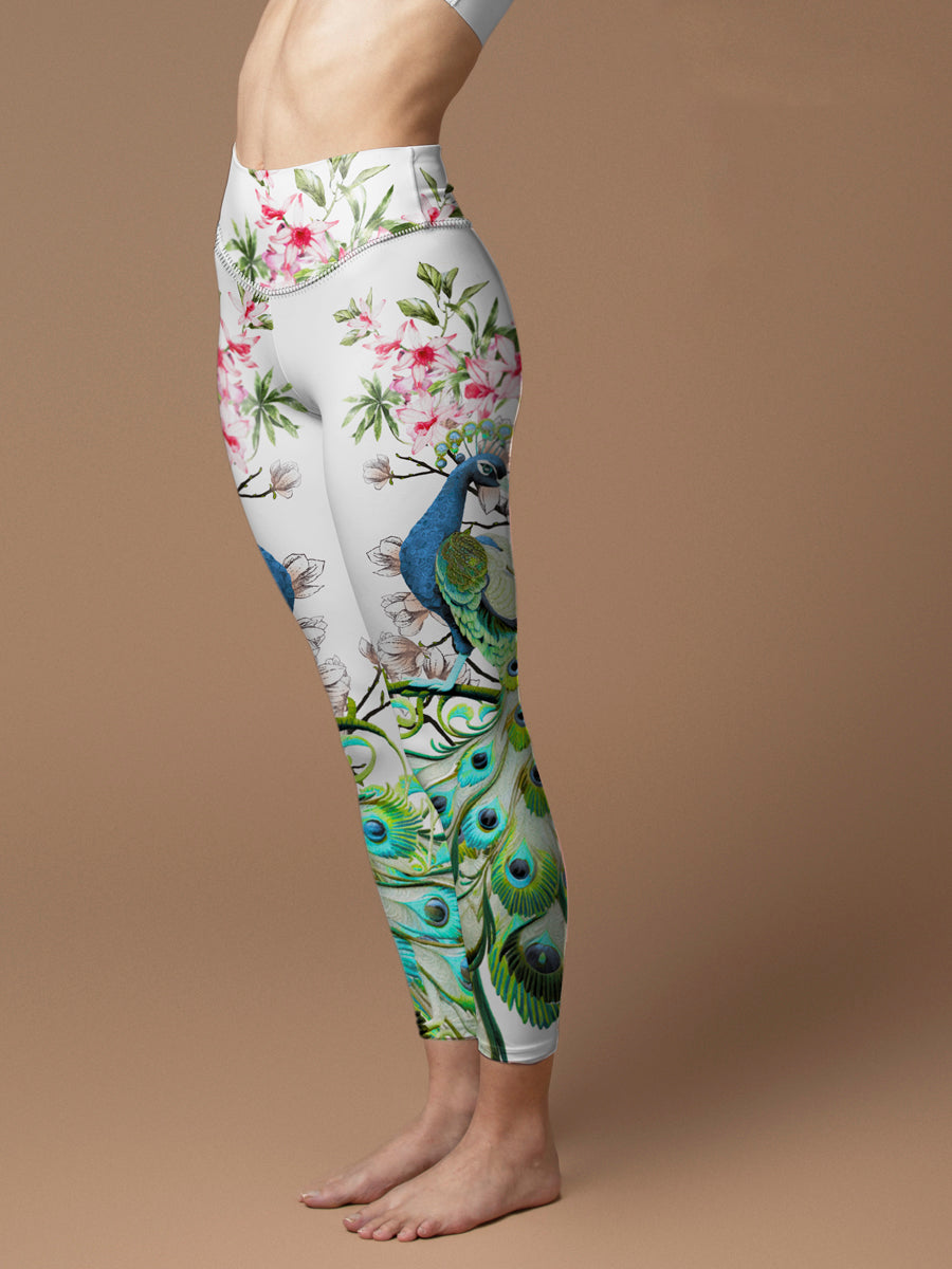 Animal peacock standing on the branch print leggings