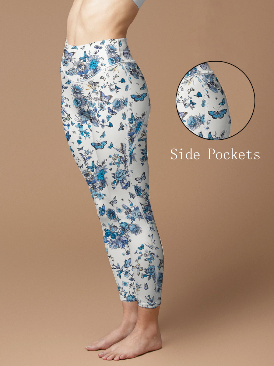 Flower blue and white butterfly on branch leggings