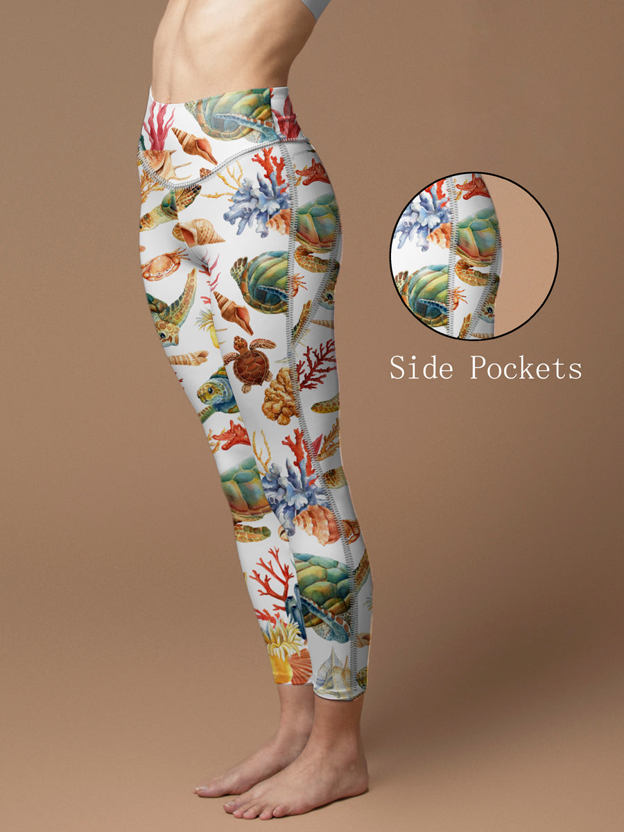 Ocean colorful tropical turtles starfish leggings