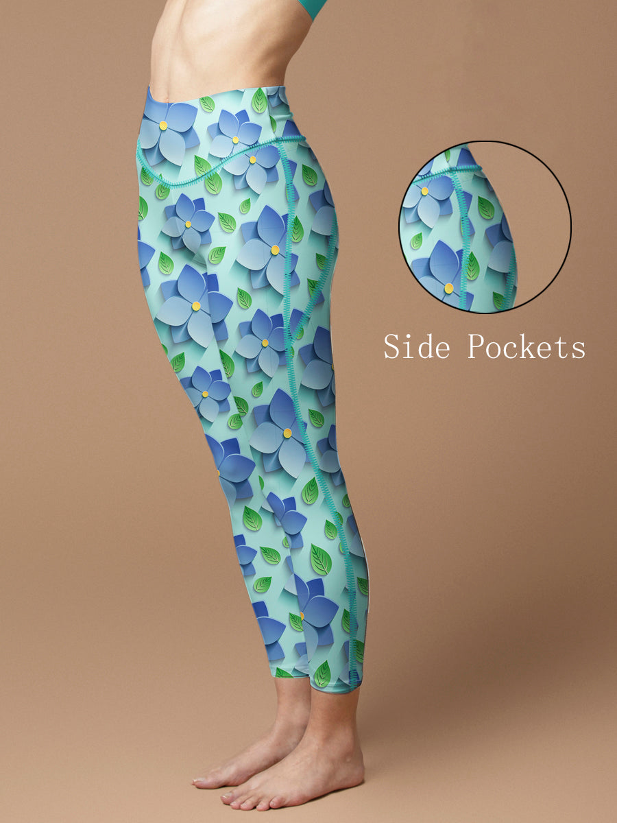 Blue 3D flower leaves leggings