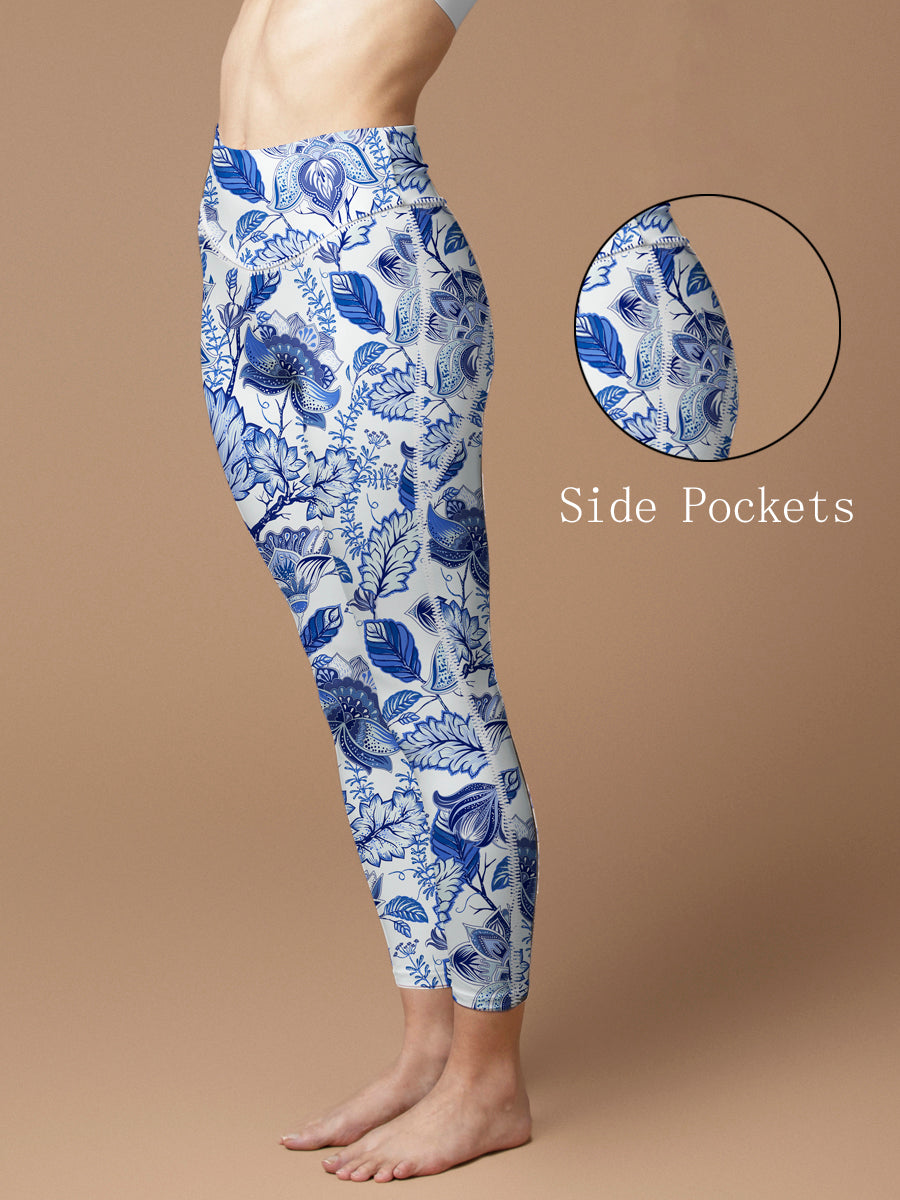 Flower blue and white vintage print breathable yoga leggings