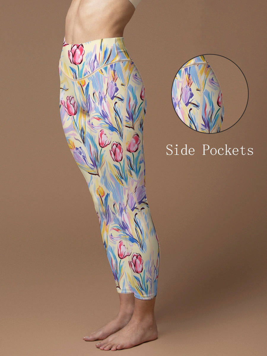 Flower watercolor hand painted tulips leggings