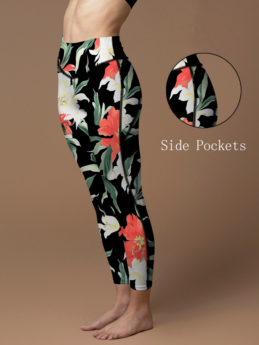 Flower white and red floral dark leggings