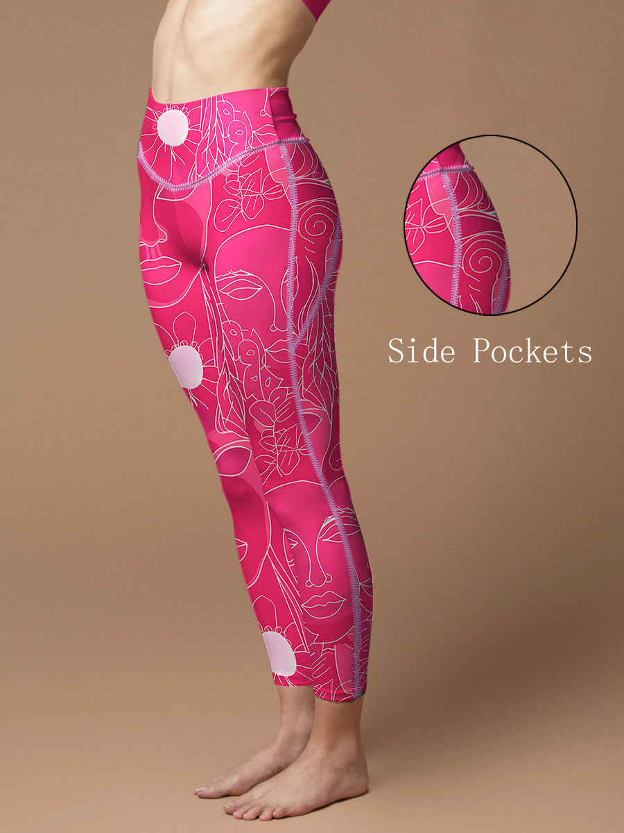 Minimalist line art face pattern rose pink leggings