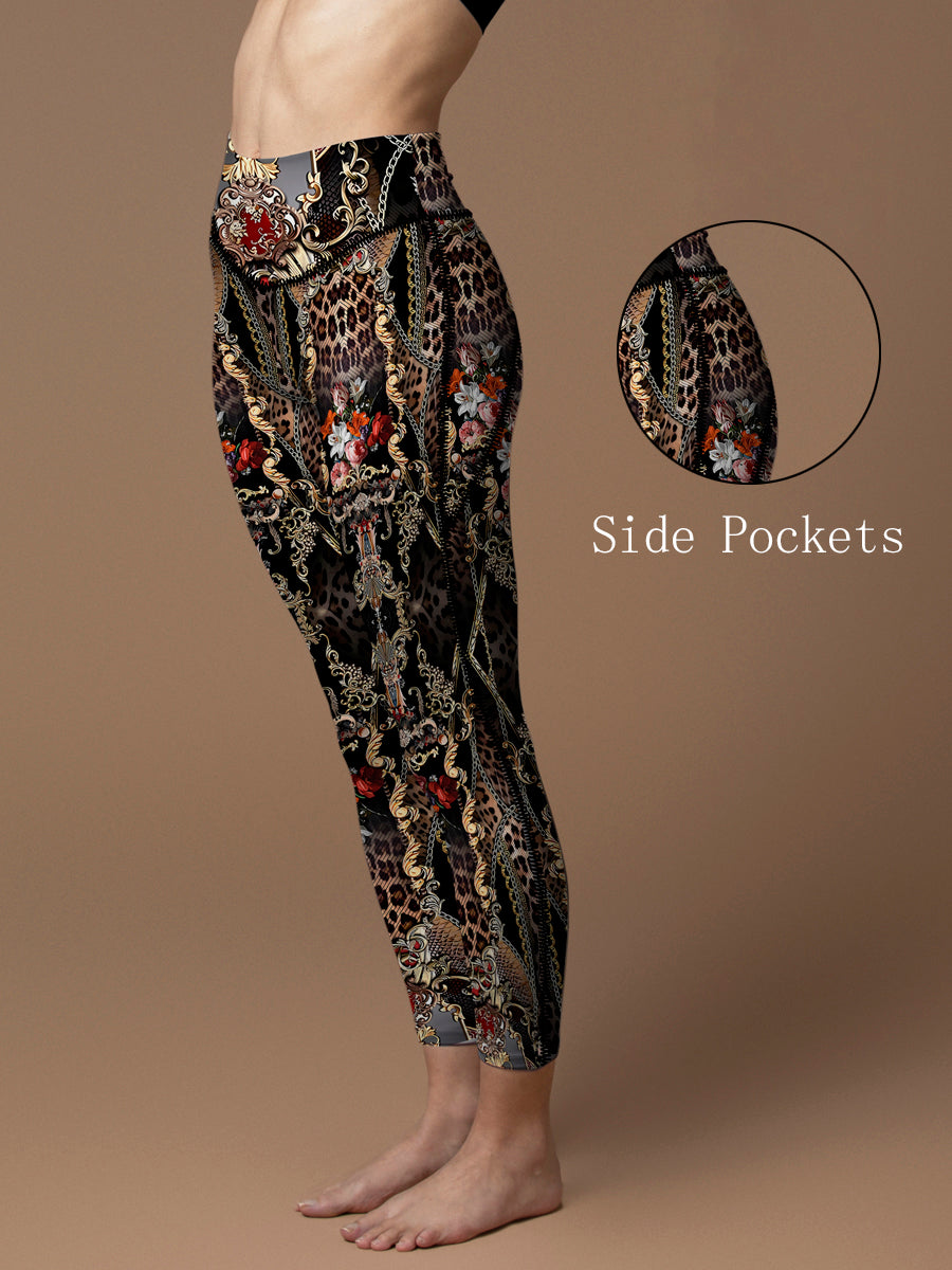 Animal leopard print gold ornaments flower design leggings