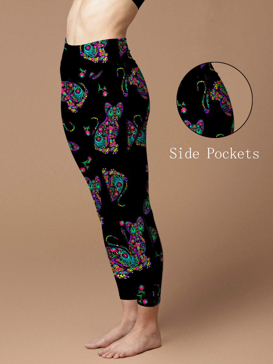 Animal colorful kitty day of the dead leggings