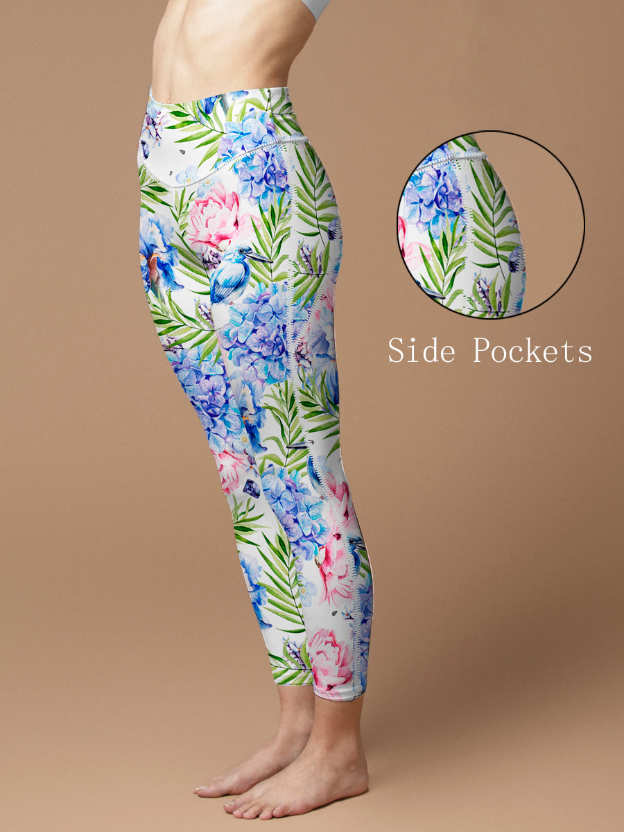 Flower watercolor palm leaves hydrangeas peony leggings