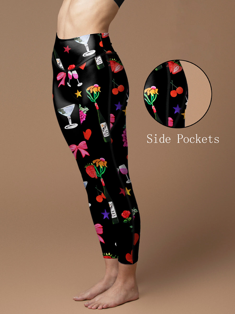 Cartoon hand drawn wine glass heart shape leggings