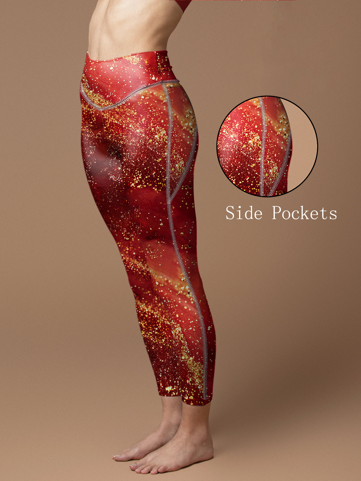 Shimmering gold glitter on red background leggings