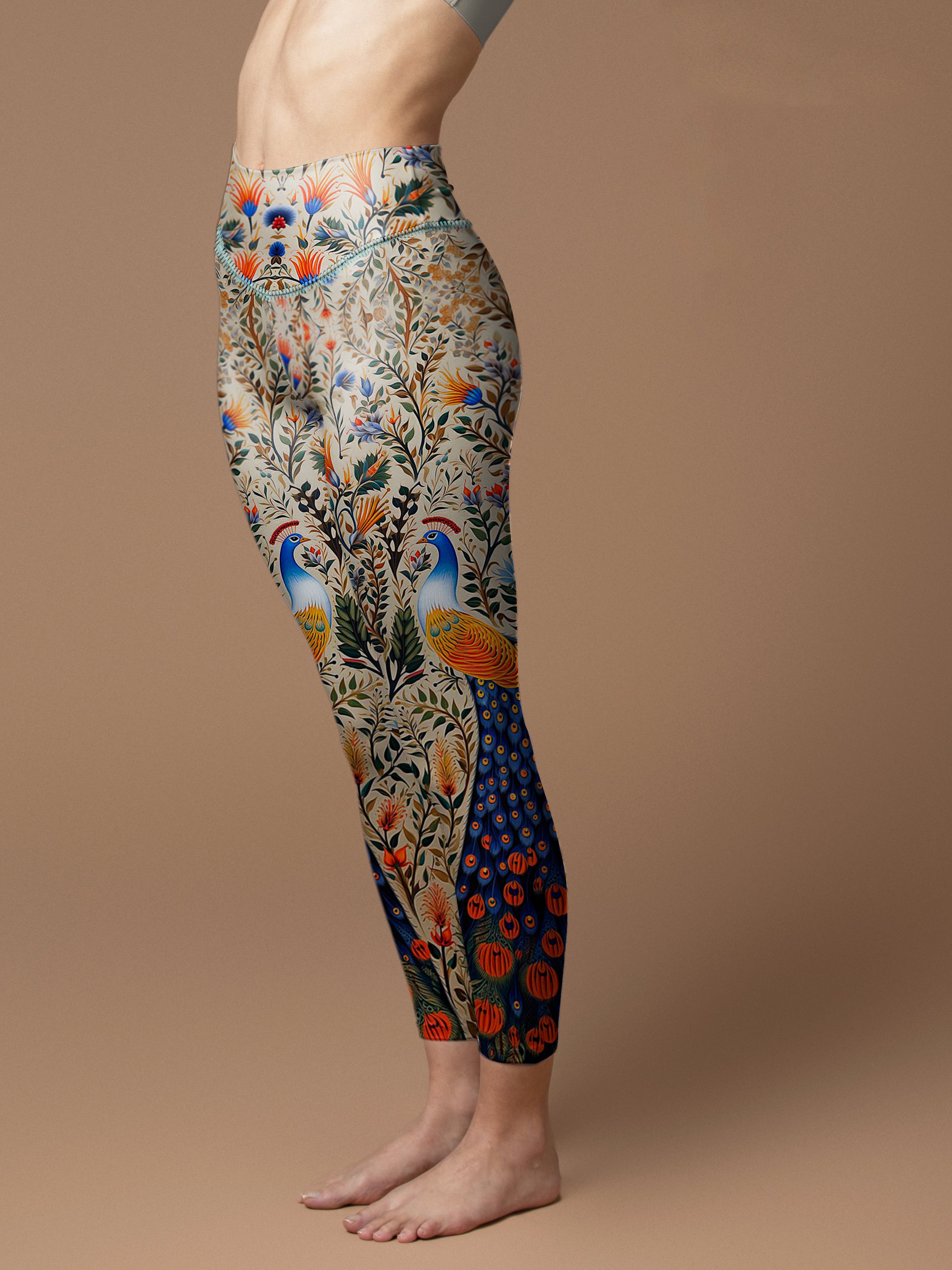 Animal peacock with colorful feathers and flowers leggings