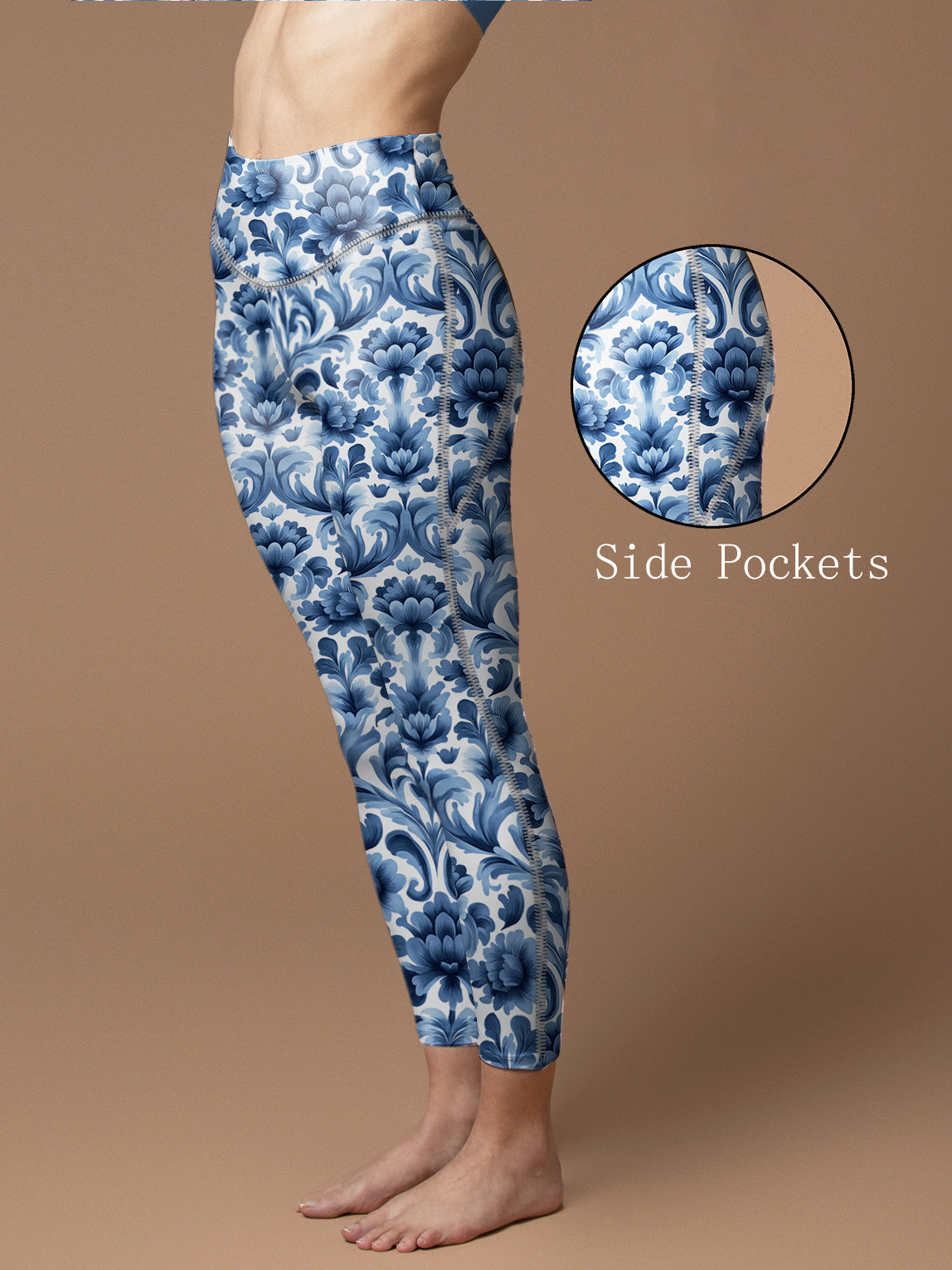 Vintage blue abstract floral lino cuts of leaves leggings