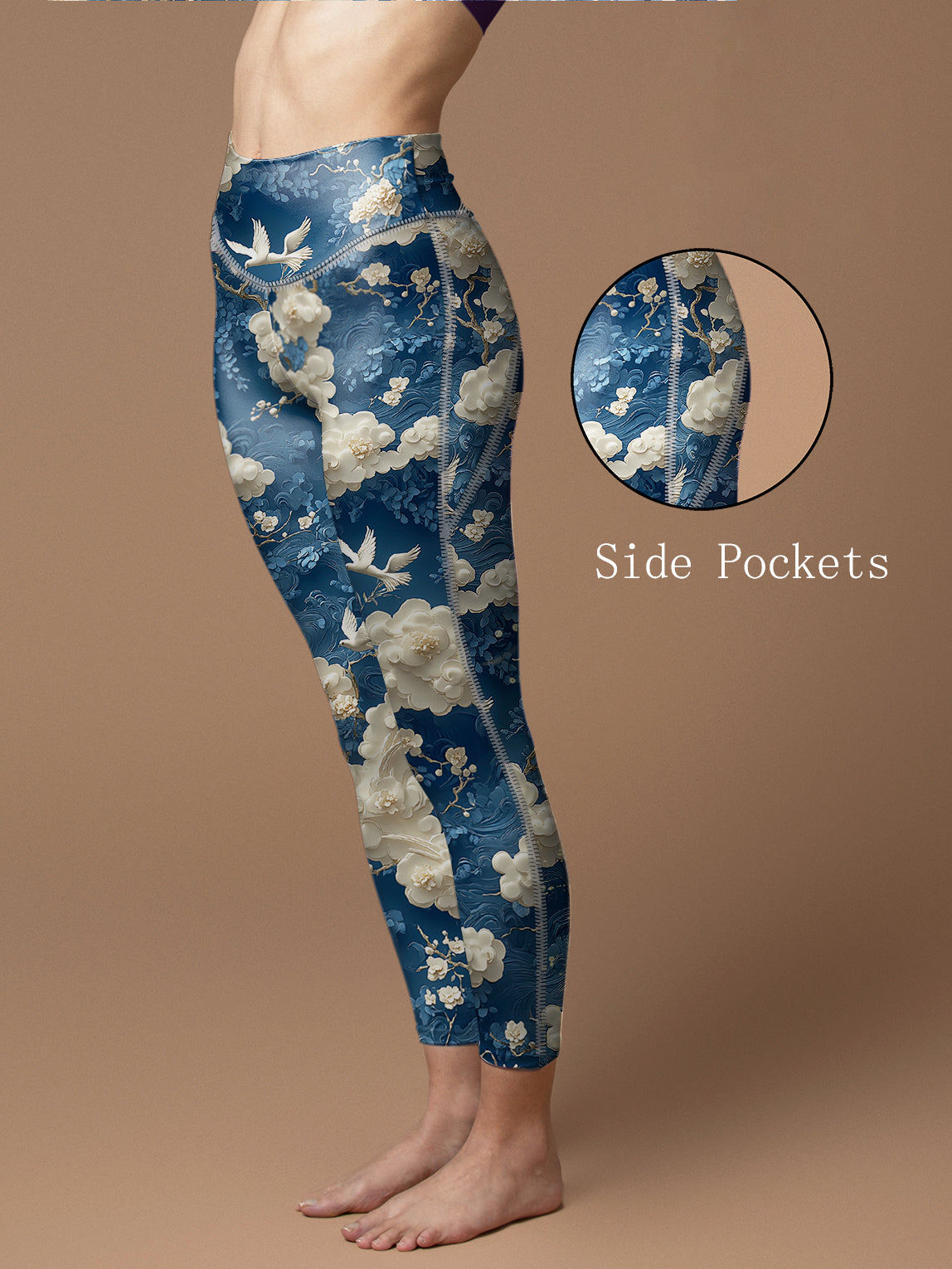 White cherry blossoms birds design leggings