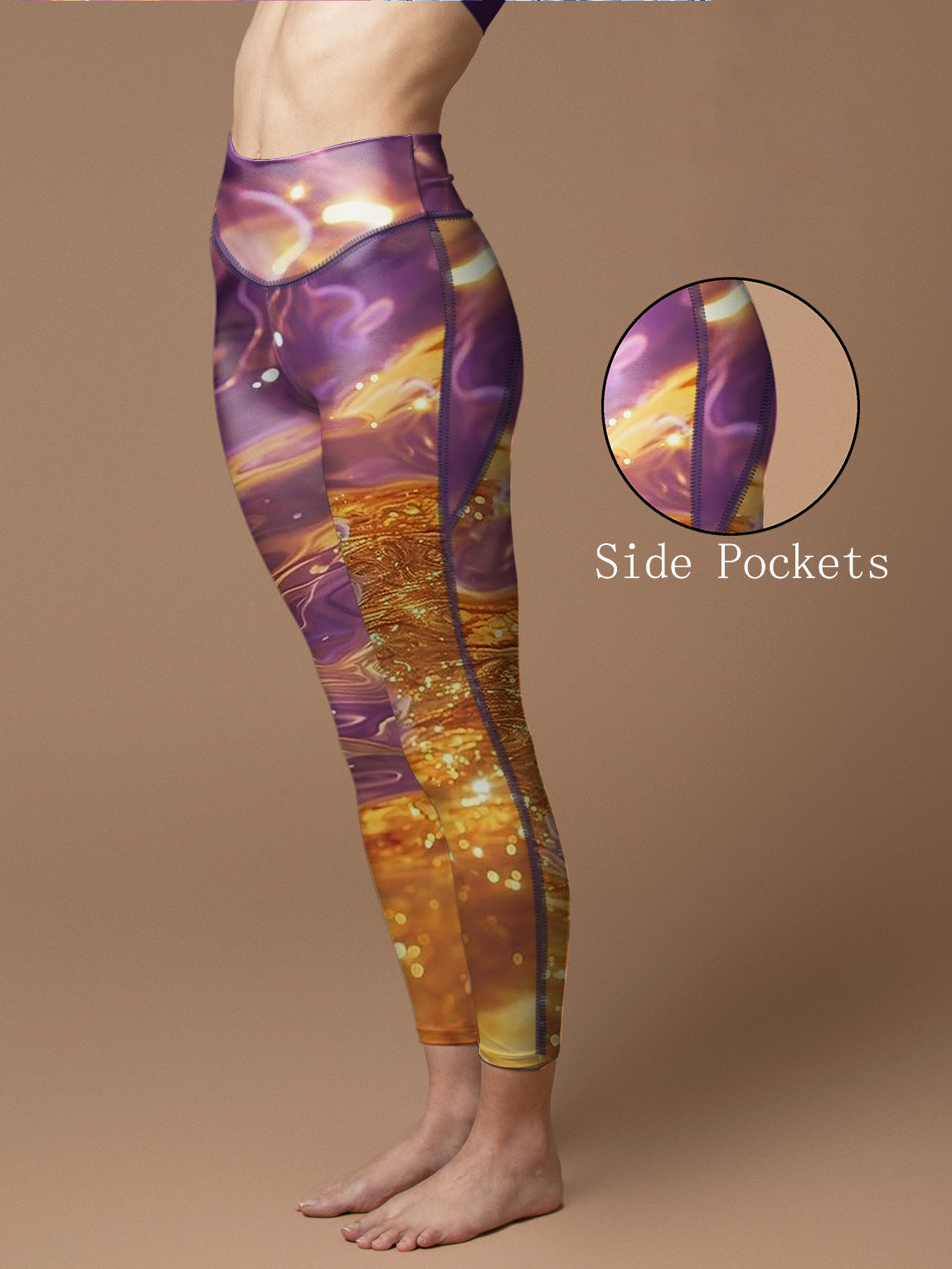 Water ripples with gold sunshine and purple captured leggings