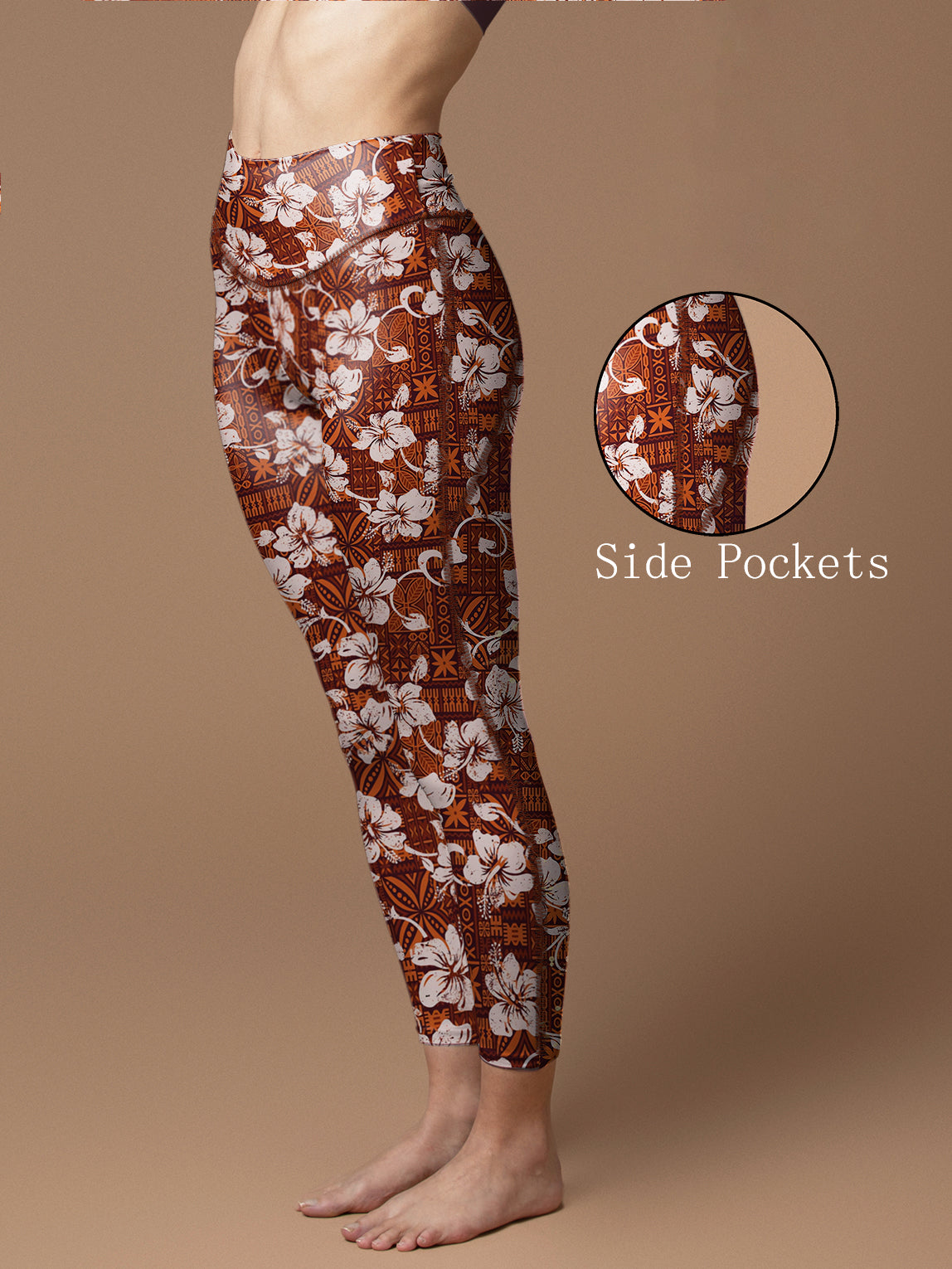 Hawaiian hibiscus brown leggings