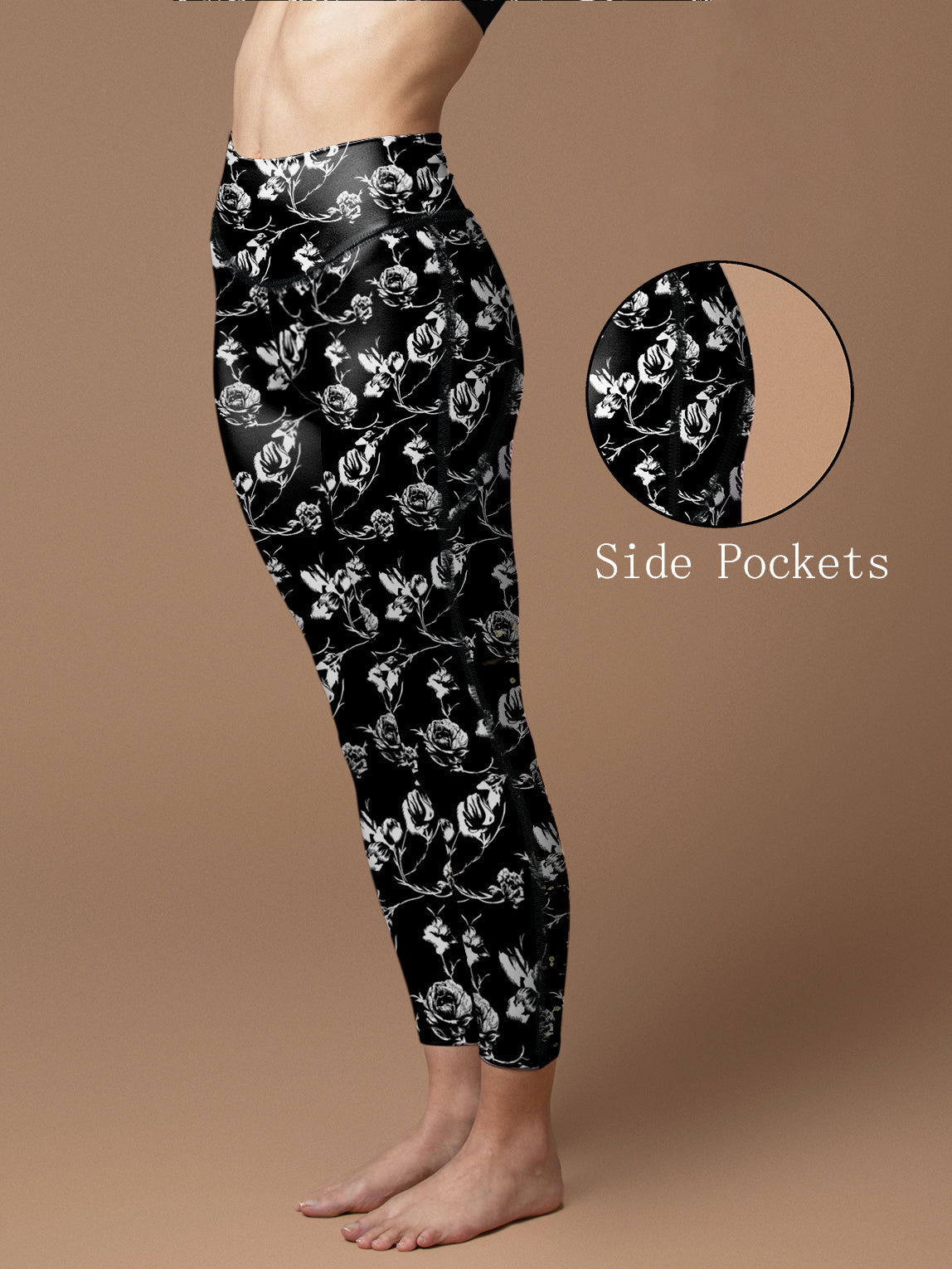 Engraving hand drawn pressed flowers black leggings