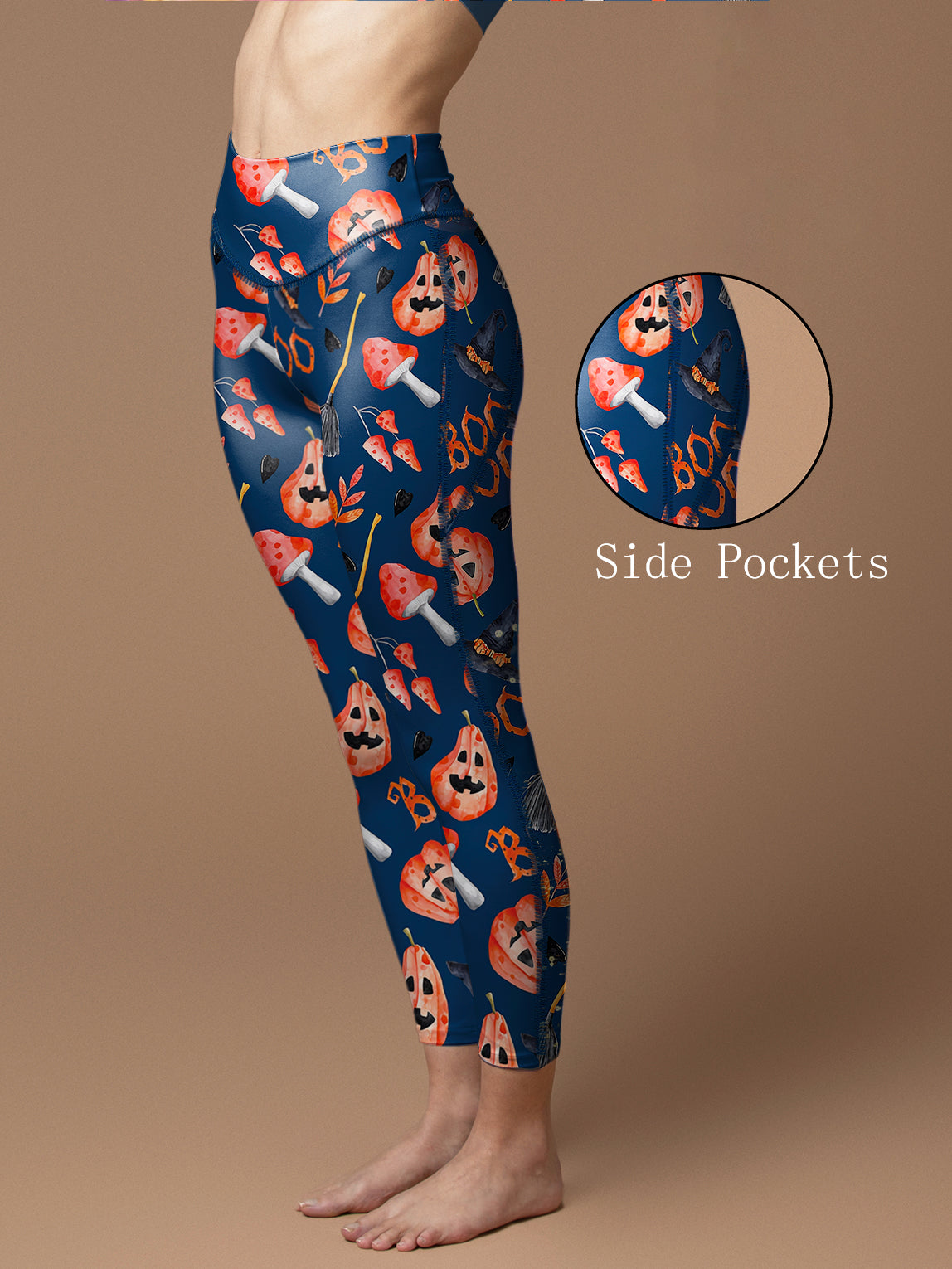 Halloween pumpkin broom dark blue leggings