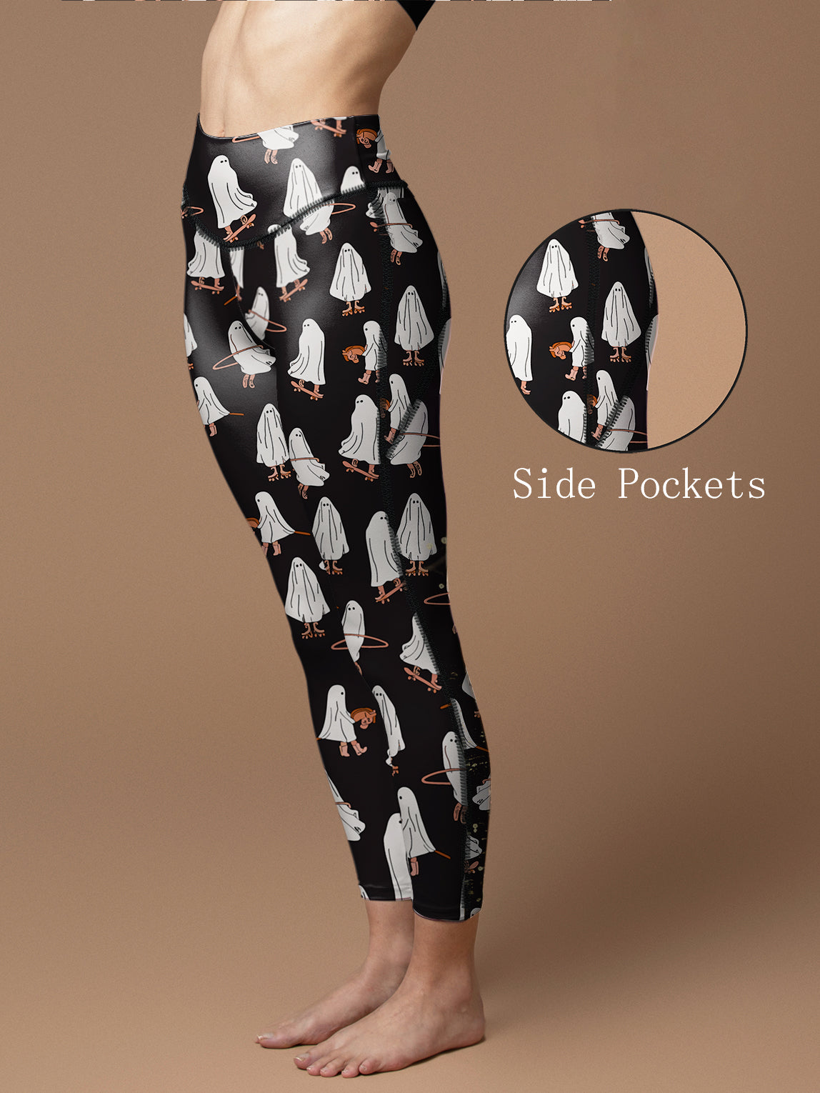 Halloween skateboarding hula hooping ghost balck leggings