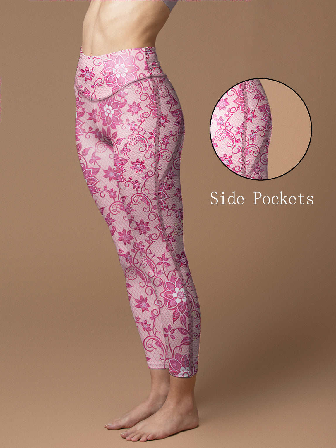 Seamless pink lace flower pattern leggings