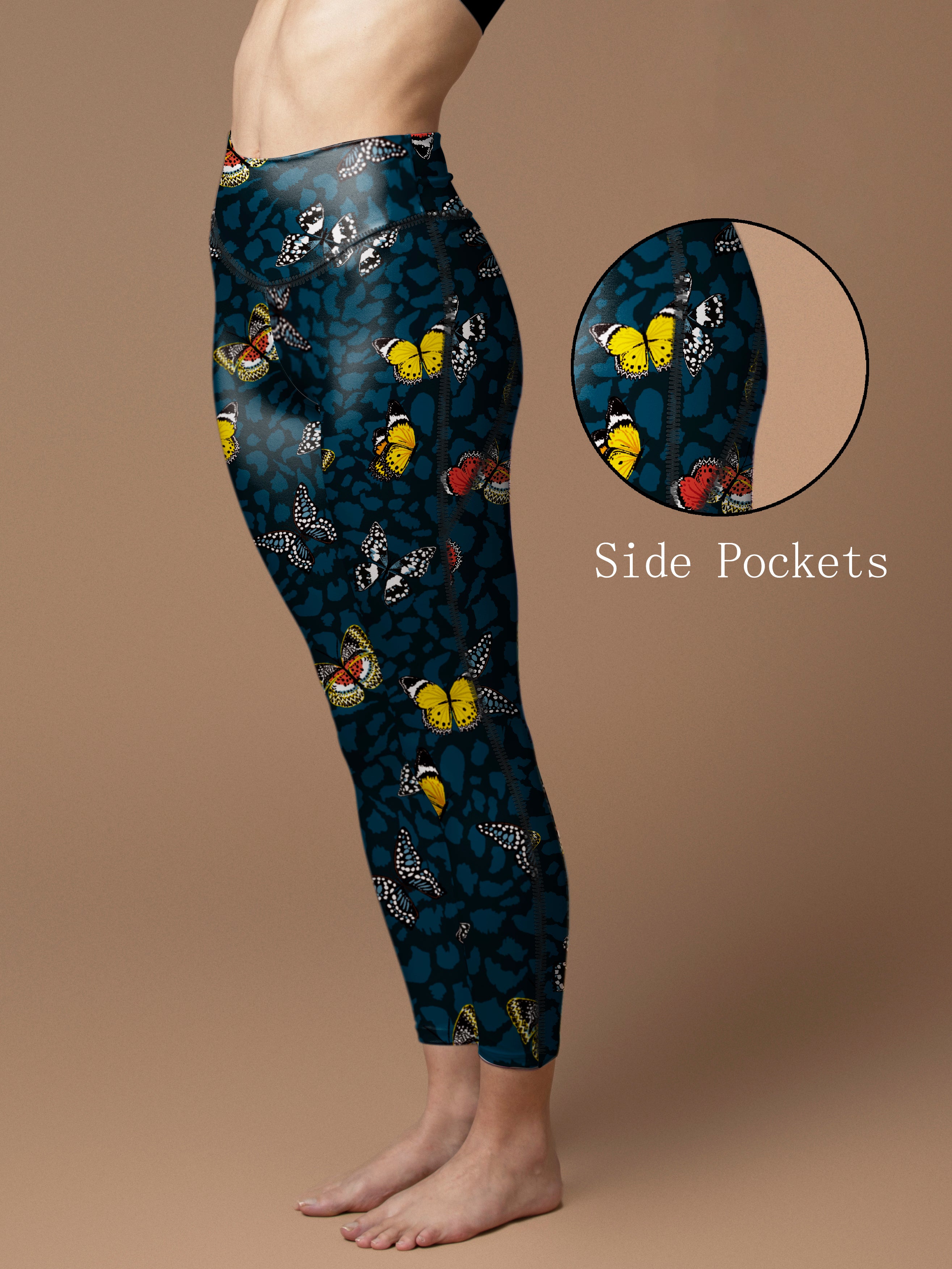 Colorful butterflies flying on animal skin leggings