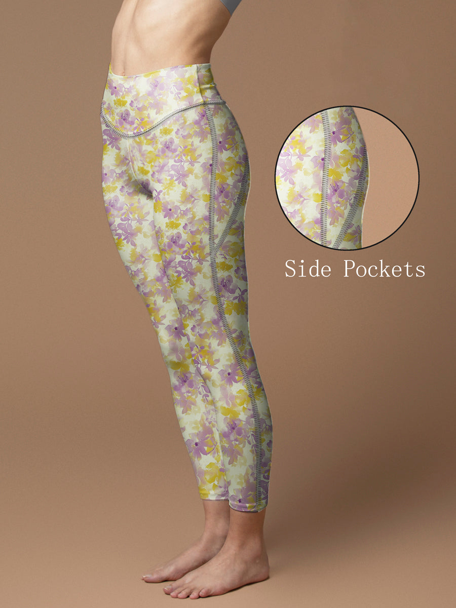 Pretty watercolor purple and yellow flowers leggings
