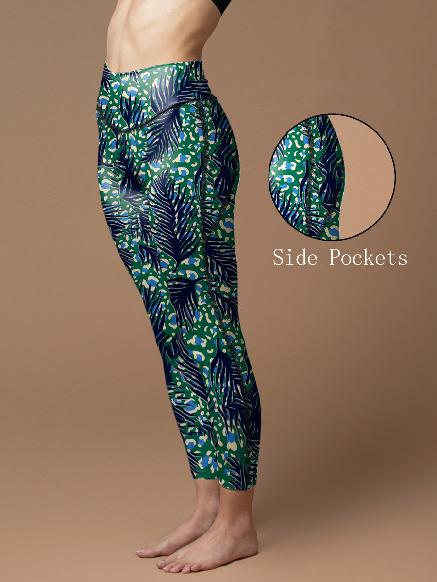 Blue feathers with leopard background leggings