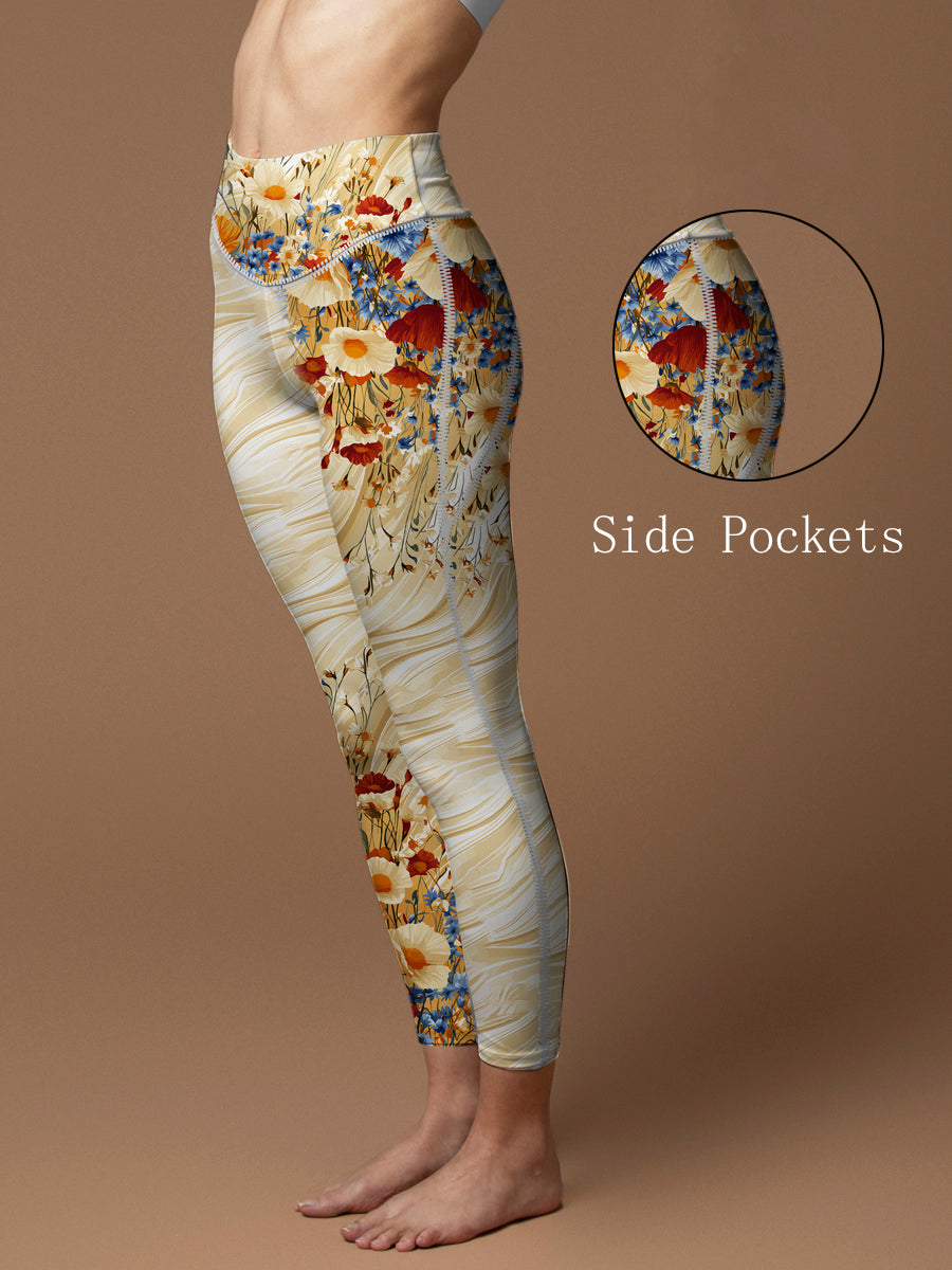 Vibrant wildflowers on creamy swirl leggings