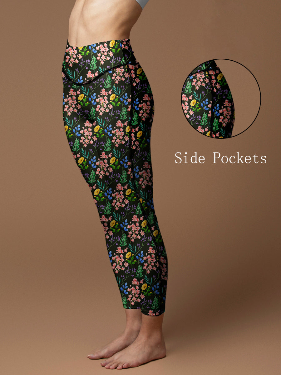 Hand painted watercolor botanical black leggings