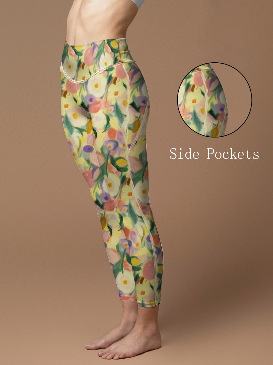 Abstract watercolor flowers yellow leggings