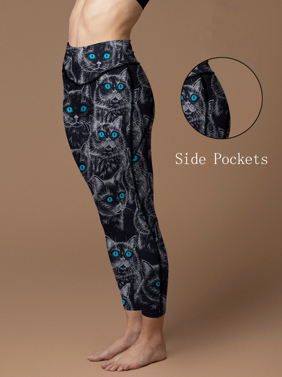 Animal black hand-painted cat with blue eyes leggings
