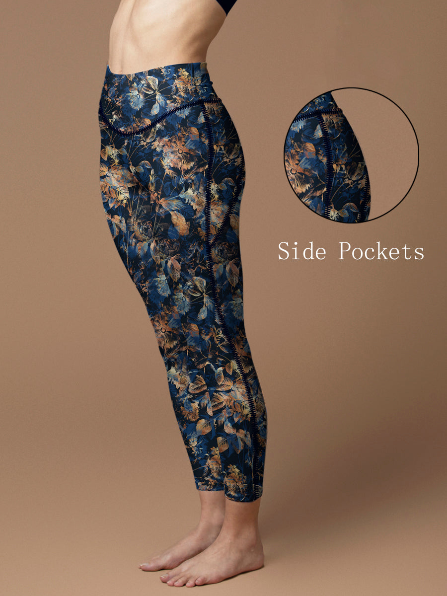 Botanical golden withered leaves decorative blue leggings