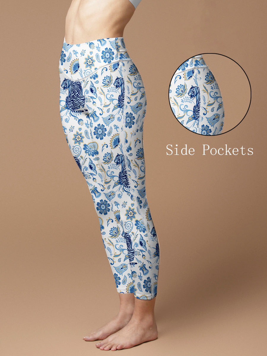 Animal tiger blue wild plants leggings