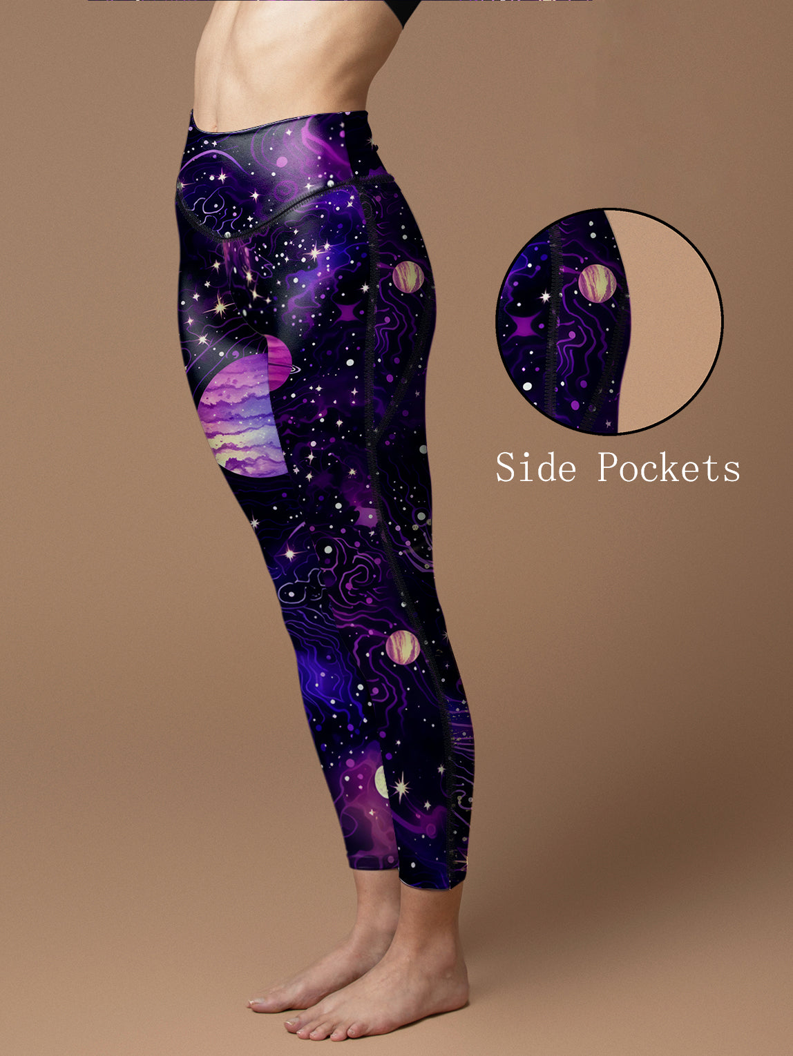 Purple planet with stars in the universe leggings