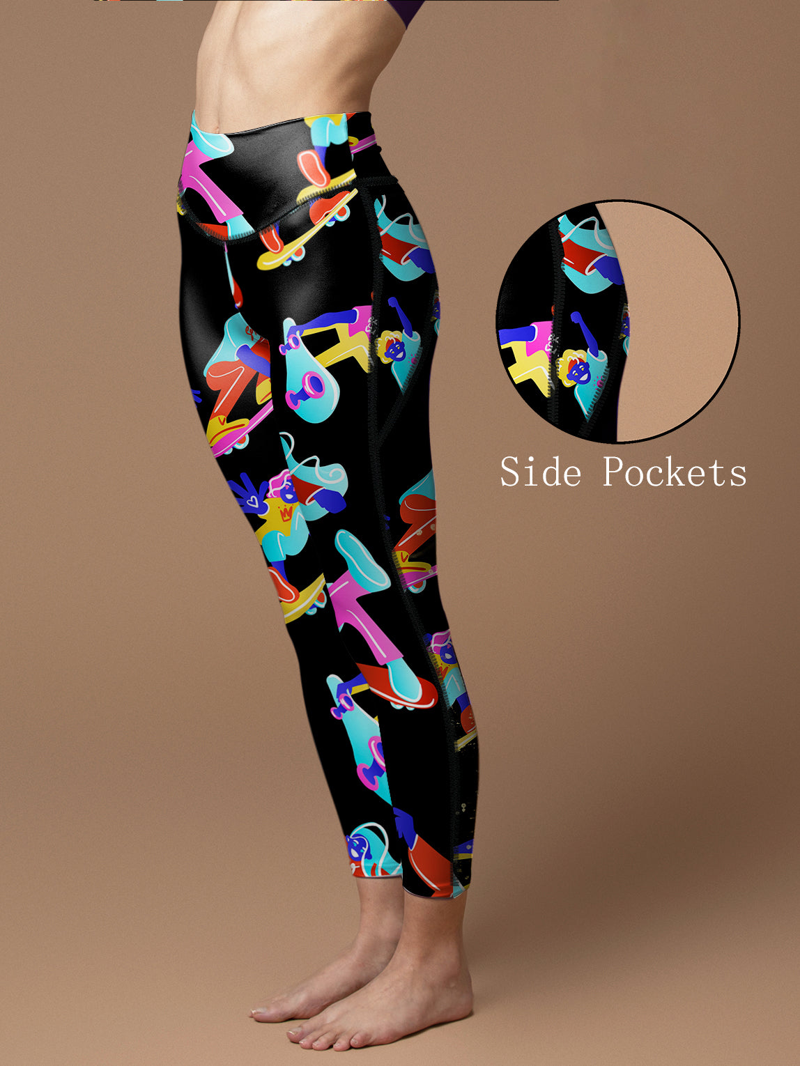 Cartoon drawing colorful skateboard leggings