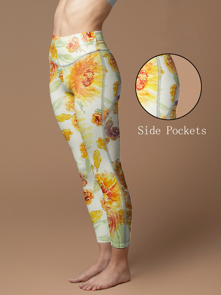 Flower yellow peonies watercolor leggings