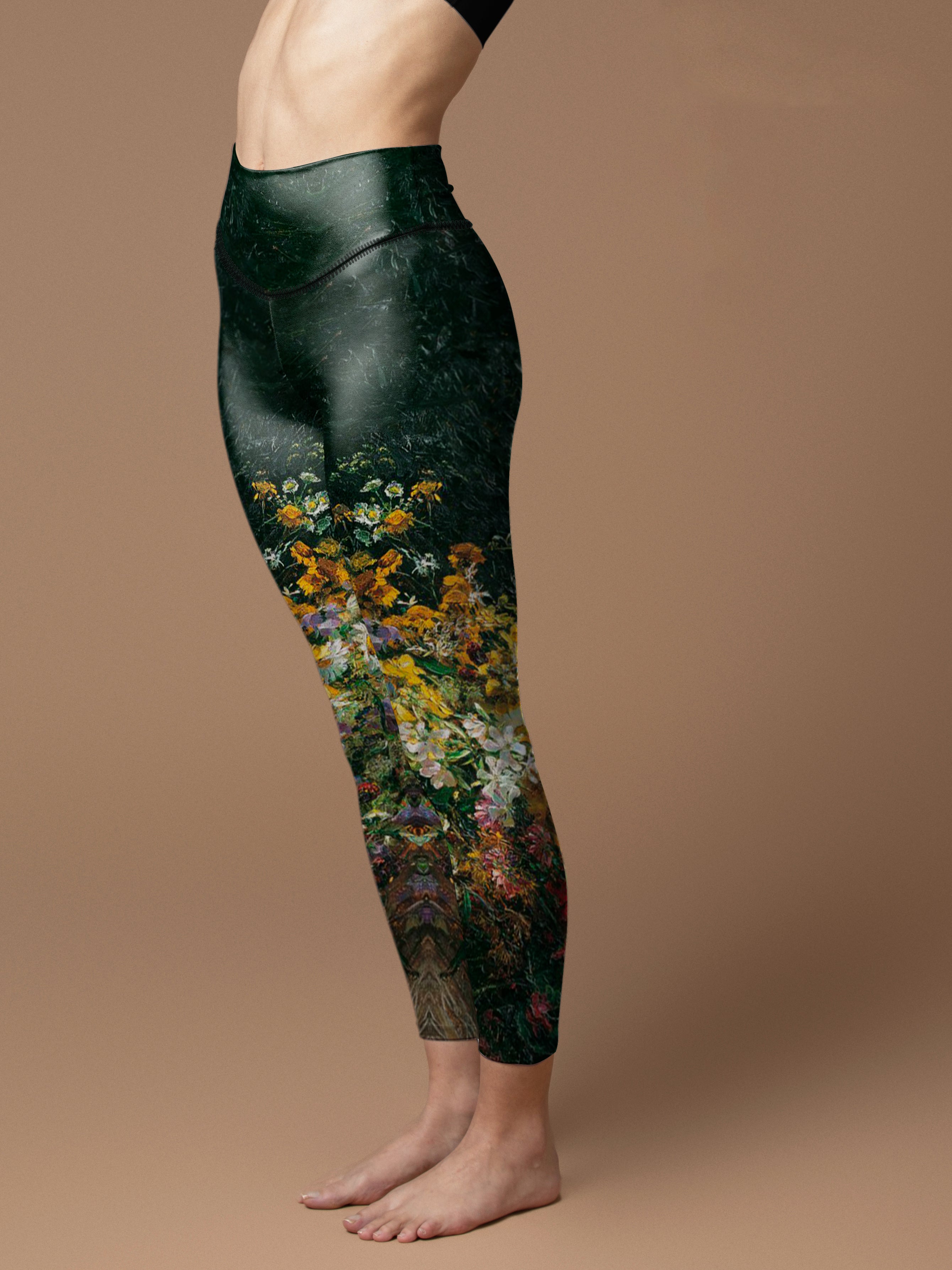 Colorful blooming wildflowers dark green leggings