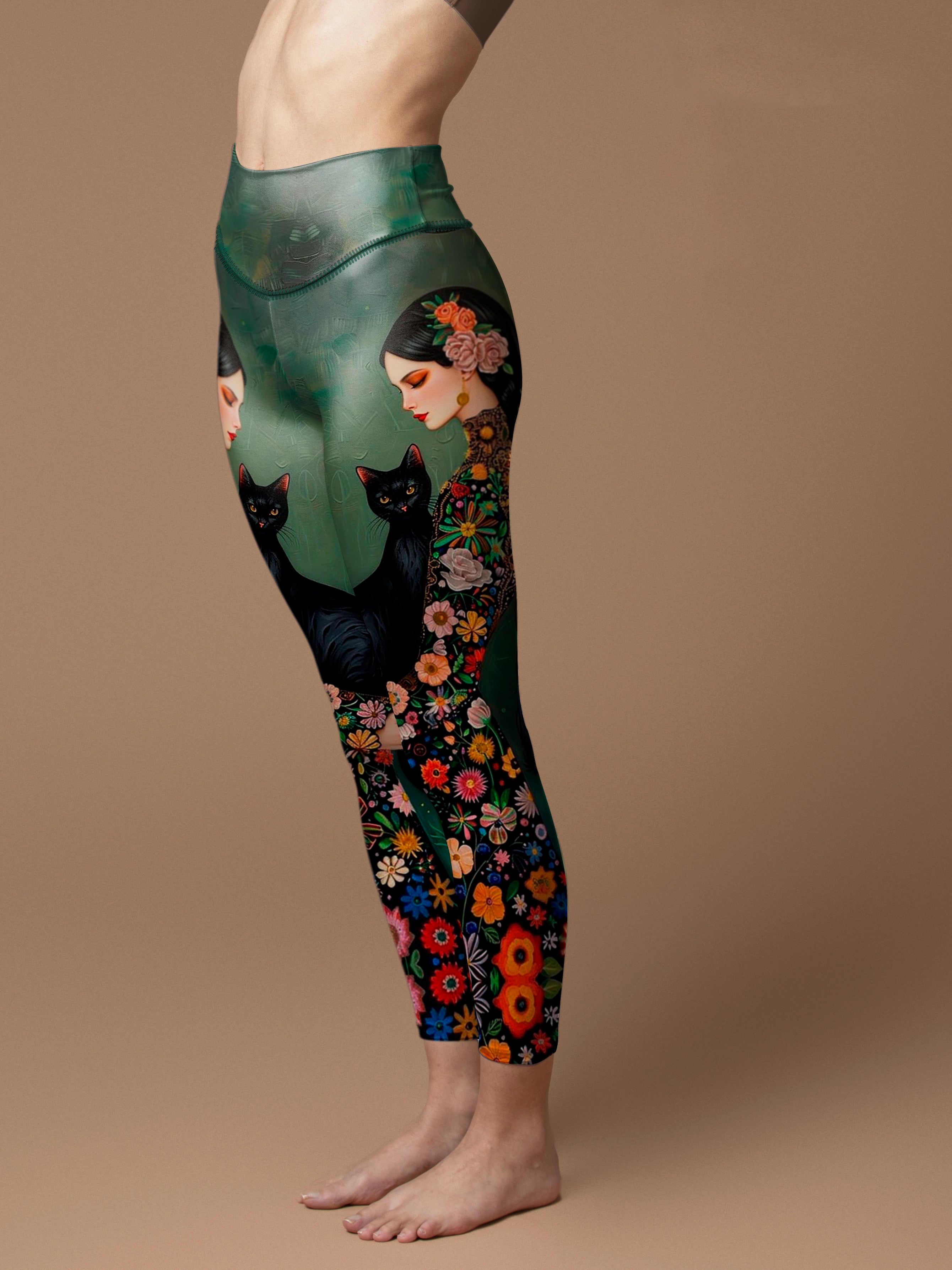 Animal beautiful girl hold black cat art oil painting leggings