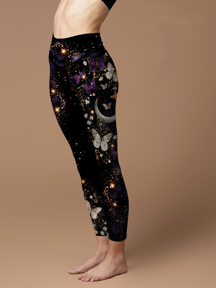 Colorful butterfly and moon bright watercolor galaxy leggings