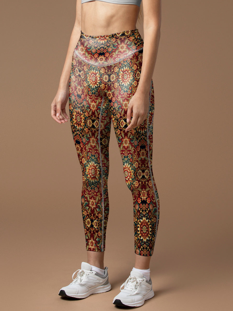 Ornate golden floral pattern red leggings